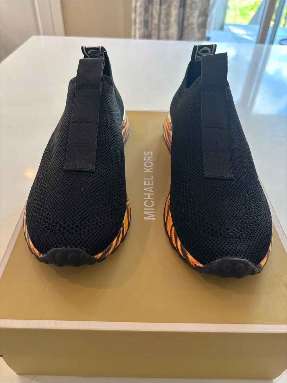 Michael Kors Kids Black Knit Slip-On Sneakers with Tiger-Print Accent